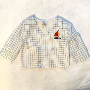Vintage Baby Boy Blazer Nautical Sailboat Embroidered White Grid Jacket 12M